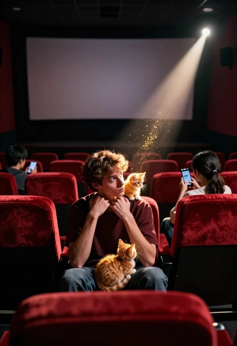 Photorealistic cinematic shot, 8K, Octane render, soft natural lighting. A medium-wide shot from behind the last row of seats, looking down the aisle towards the empty screen. The theatre is nearly empty: only a few scattered people sit here and there, checking their watches or scrolling phones. In the middle row, a shy young man sits awkwardly, his posture tense, knees bouncing slightly, eyes darting between the screen and the door — he’s waiting for someone. On his lap, a tiny, incredibly fluffy orange kitten curled up, but its head is lifted, ears twitching, as if it just heard something magical. Suddenly, from the darkness of the projection booth window, a single beam of light shoots out — not the projector, but a pure, glowing beam of cinematic magic. It hits the kitten first, making its fur sparkle like gold, then spreads across the man’s face, turning his nervous expression into one of wonder. The beam is filled with floating dust particles, creating volume and depth. The velvet seats have rich texture, the carpet is deep red with visible pile. Rim light and soft backlight create separation and dimension. Mood: quiet anticipation, sudden wonder, intimate magic.