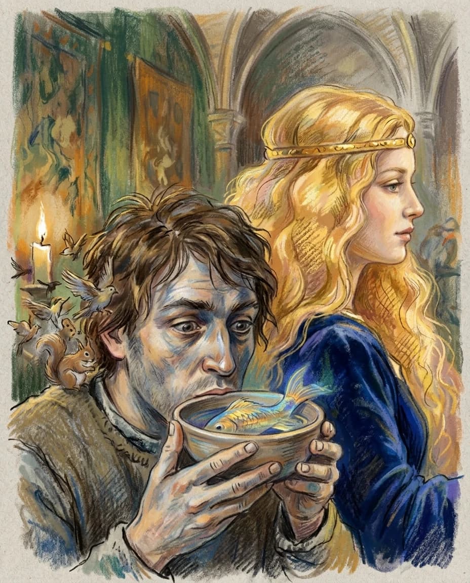 A real masterpiece. How artificial intelligence would depict: (Aesthetics: Impressionism. The image is made in the pastel technique."Goldilocks" is a famous Czech folk tale. Her main character, the servant Irzyk, eats a magical fish, gaining the ability to understand the language of animals. With the help of the animals he saved, he performs the impossible tasks of the evil king in order to marry the beautiful Goldilocks, but eventually becomes the ruler himself. Goldilocks: A beautiful golden-haired princess whom the evil king wants to marry). Intense close-up. High resolution. High quality. Increased attention to small details. Hyperrealistic style of surrealism, impressionism, fabulous book graphics. Increased attention to the smallest details and texture of book graphics. The author is Narrated by Mills