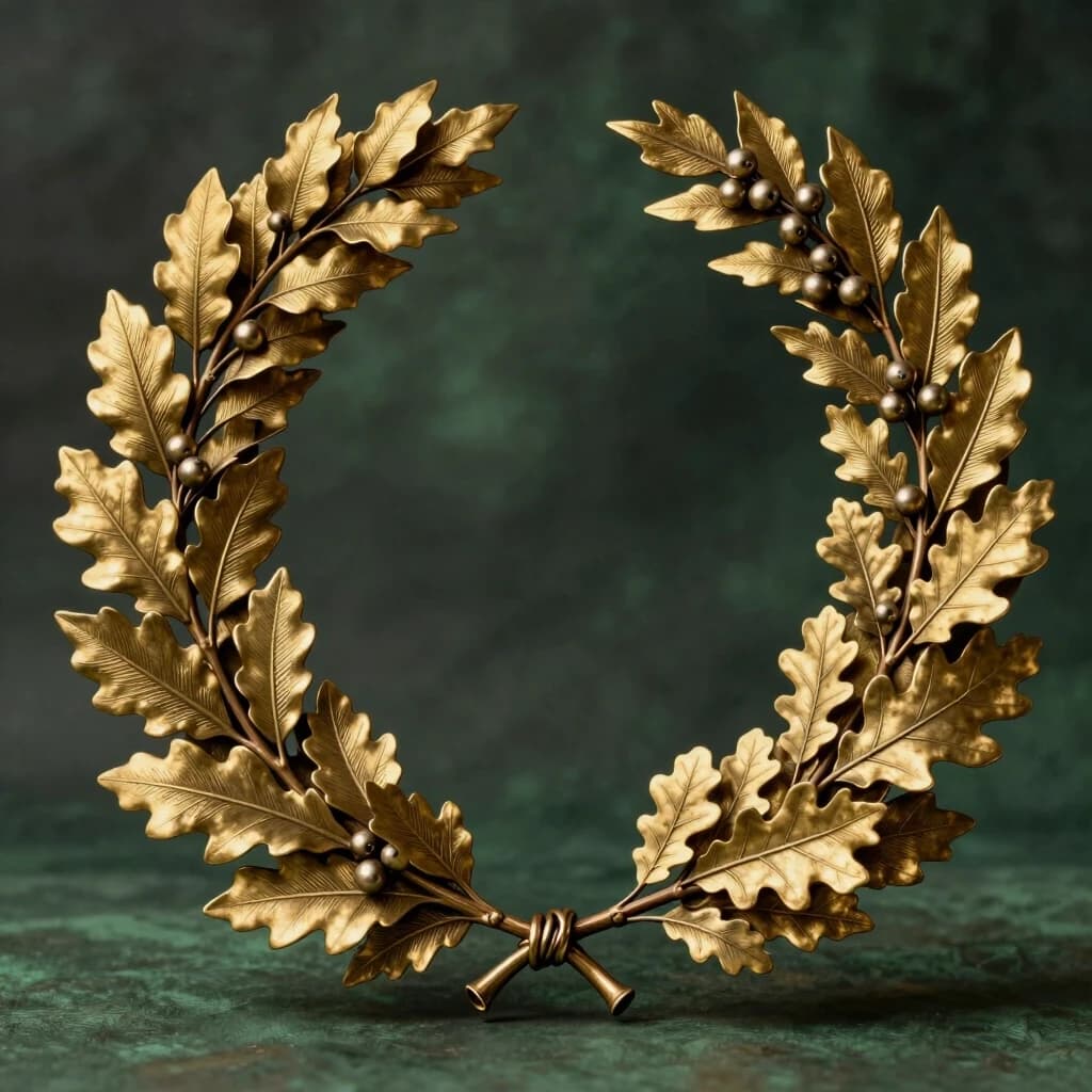 A highly detailed classical laurel wreath made of metallic gold and bronze leaves, arranged in a graceful, symmetrical oval shape. The wreath is composed of numerous overlapping leaves with finely engraved veins and realistic botanical details, interspersed with small round metallic berries. The leaves vary in shape, including elongated laurel leaves and oak-like leaves, creating a rich, layered appearance. The lower ends of the wreath are gathered and tied together with a small metallic fastening.

The wreath has an antique golden-bronze finish with subtle variations in tone, realistic metallic reflections, and finely textured surfaces. It is displayed upright on soft green fabric against a dark, muted forest-green background. Soft studio lighting highlights the intricate leaf details and metallic texture, creating a refined, elegant, classical and slightly ceremonial atmosphere. Square composition, centered object, photorealistic, high detail, shallow depth of field.