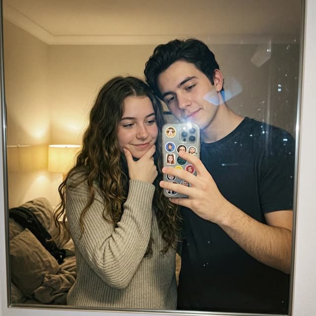 Vertical mirror selfie shot on iPhone, 9:16 aspect ratio. A young man (looking like the guy from the first photo with dark hair) and a young woman (looking like the girl from the second photo with long wavy brown hair) standing close together in front of a mirror. The girl is playfully holding the guy's chin with one hand, looking down slightly with a coy expression. The guy is looking directly into the camera lens with a slight head tilt. Authentic, non-posed facial expressions. One of them is holding a smartphone in a case decorated with various stickers, the phone's camera lenses are visible in the reflection. Soft indoor lighting with a warm glow from a nearby lamp, subtle flash flare on the mirror surface. Slightly motion-blurred, casual "on the go" aesthetic, natural film grain, mobile sensor noise, non-studio quality. The frame is slightly tilted/canted for a realistic casual look.