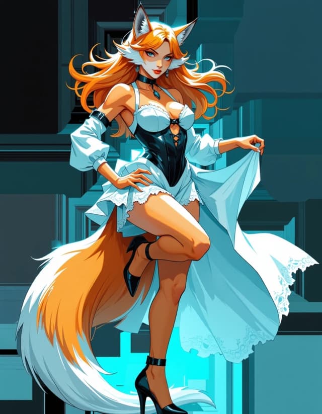 A masterpiece,  in the style of the 1980s, with bold lines, dynamic strokes and rich textures, on background with a touch of nostalgia, perhaps with subtle drawings inspired by cellulose and vintage, worn textures similar to paper, oil painting, Anthropomorphic female fox in a full-body 3/4 frontal pose, elegant fantasy composition: tall slender fox-woman with rich orange fur and white markings, long flowing silver-white hair blowing in a gentle wind, luminous ice-blue eyes, delicate fox muzzle and upright ears with dark tips. She wears a white lace dress with black lace corset and ribbon lacing, small black bows, a short frilly skirt with a long translucent train draped to the side, and black high-heeled shoes with ankle ribbons. Large fluffy orange-and-white tail, graceful hand holding the skirt. Deep azure starry background with swirling magical light particles, soft bokeh and sparkles. Cinematic rim and soft key lighting, subtle glow around hair and particles, dynamic motion in hair and fabric. Emphasize realistic fur texture, intricate lace detail, fabric translucency, skin-to-fur transitions, high-detail rendering, vibrant color contrast (orange, white, blue), shallow depth of field, ultra-detailed fantasy digital painting, polished, high-resolution, dramatic yet delicate mood. celshading, simple background