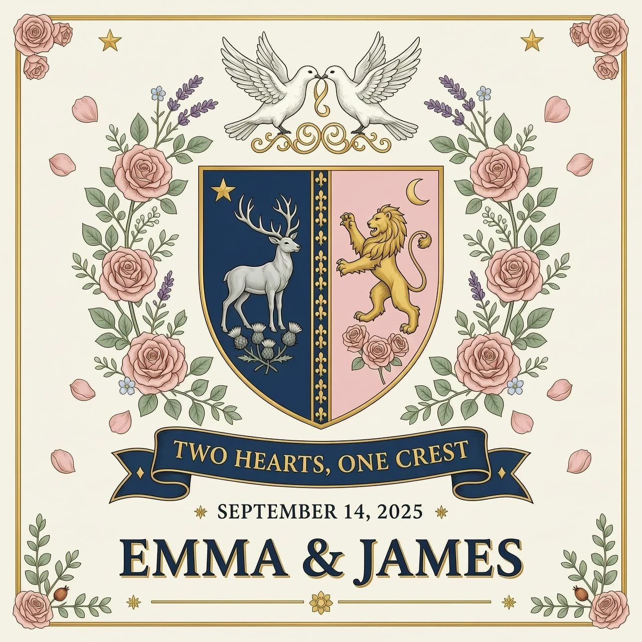 Design an elegant wedding coat of arms combining two family crests
into one unified heraldic shield, split down the middle (dimidiated),
each half subtly referencing a different family's colors or symbols
that blend into one harmonious design. Above the shield, two
intertwined rings or a pair of doves facing each other. A wreath of
soft flowers (roses and eucalyptus) surrounds the shield instead of a
traditional laurel. A ribbon banner below reads "TWO HEARTS, ONE
CREST" in elegant script or serif lettering, with the wedding date
placed beneath in smaller text. Palette: soft navy and gold, or blush
and gold for a romantic version. Fine engraved linework, symmetrical,
elegant. Below add "EMMA & JAMES" in serif capitals. Portrait
orientation, suitable for a wedding welcome sign or guest book print.