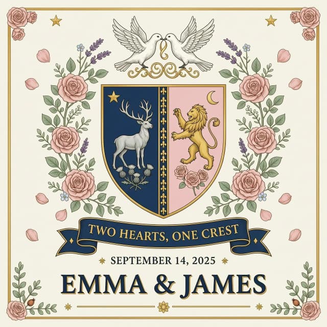 Design an elegant wedding coat of arms combining two family crests
into one unified heraldic shield, split down the middle (dimidiated),
each half subtly referencing a different family's colors or symbols
that blend into one harmonious design. Above the shield, two
intertwined rings or a pair of doves facing each other. A wreath of
soft flowers (roses and eucalyptus) surrounds the shield instead of a
traditional laurel. A ribbon banner below reads "TWO HEARTS, ONE
CREST" in elegant script or serif lettering, with the wedding date
placed beneath in smaller text. Palette: soft navy and gold, or blush
and gold for a romantic version. Fine engraved linework, symmetrical,
elegant. Below add "EMMA & JAMES" in serif capitals. Portrait
orientation, suitable for a wedding welcome sign or guest book print.