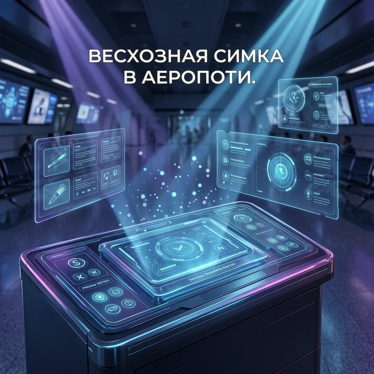 Футуристическая высокотехнологичная концептуальная визуализация для слайда презентации на тему « Бесхозная сумка в аэропорту», элегантная современная эстетика будущего. Изысканная композиция с парящими полупрозрачными голографическими интерфейсами, В цветовой палитре преобладают темно-синие, ярко-голубые и кобальтово-синие градиенты с едва заметными неоновыми акцентами. Кинематографическое освещение с мягким объемным свечением и резкими лучами света, пронзающими темное минималистичное цифровое пространство. Сверхдетализированный цифровой арт, четкие линии, гладкие стеклянные текстуры и частицы боке. Макросъемка цифровой приборной панели, широкий угол обзора, разрешение 8K, стиль рендеринга Unreal Engine 5, профессиональный корпоративный футуристический дизайн, ощущение точности, ясности и продвинутого интеллекта