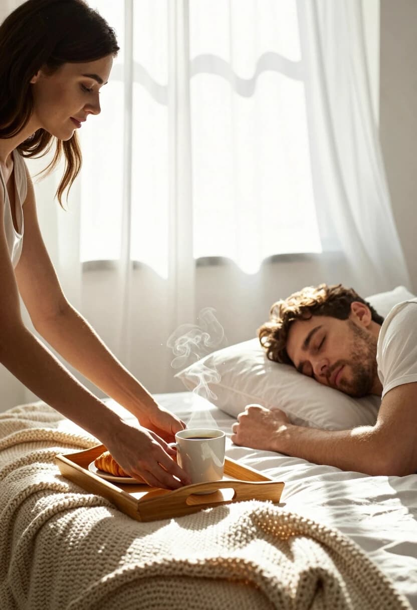 A realistic, airy morning scene in a sun-drenched bedroom. A woman is gently placing a tray with coffee and a croissant on the bed next to a sleeping man. Soft white curtains fluttering in the breeze, dust motes dancing in the golden sunlight. Extremely detailed textures of a knitted wool blanket, a ceramic mug with steam rising, and the soft skin of the sleeping person. 8k, shot on 35mm lens, natural lighting, high dynamic range, clean aesthetic, photorealistic, serene and peaceful mood, sharp focus on the interaction of light and fabric.