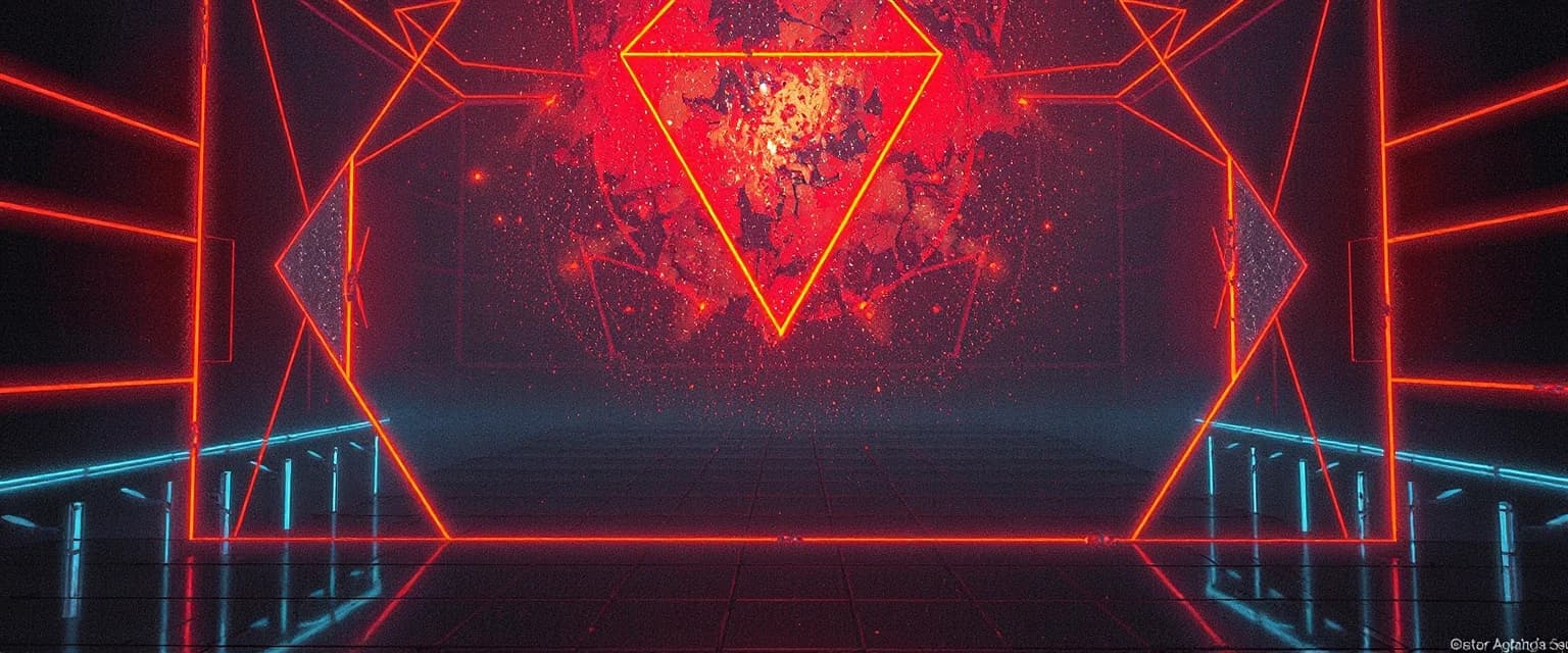 Futuristic sci-fi banner background, dark digital space, glowing neon orange and cyan geometric grid lines, Tron aesthetic, subtle tech particles, cinematic lighting, ultra-detailed, 8k, aspect ratio 16:9 --ar 16:9
