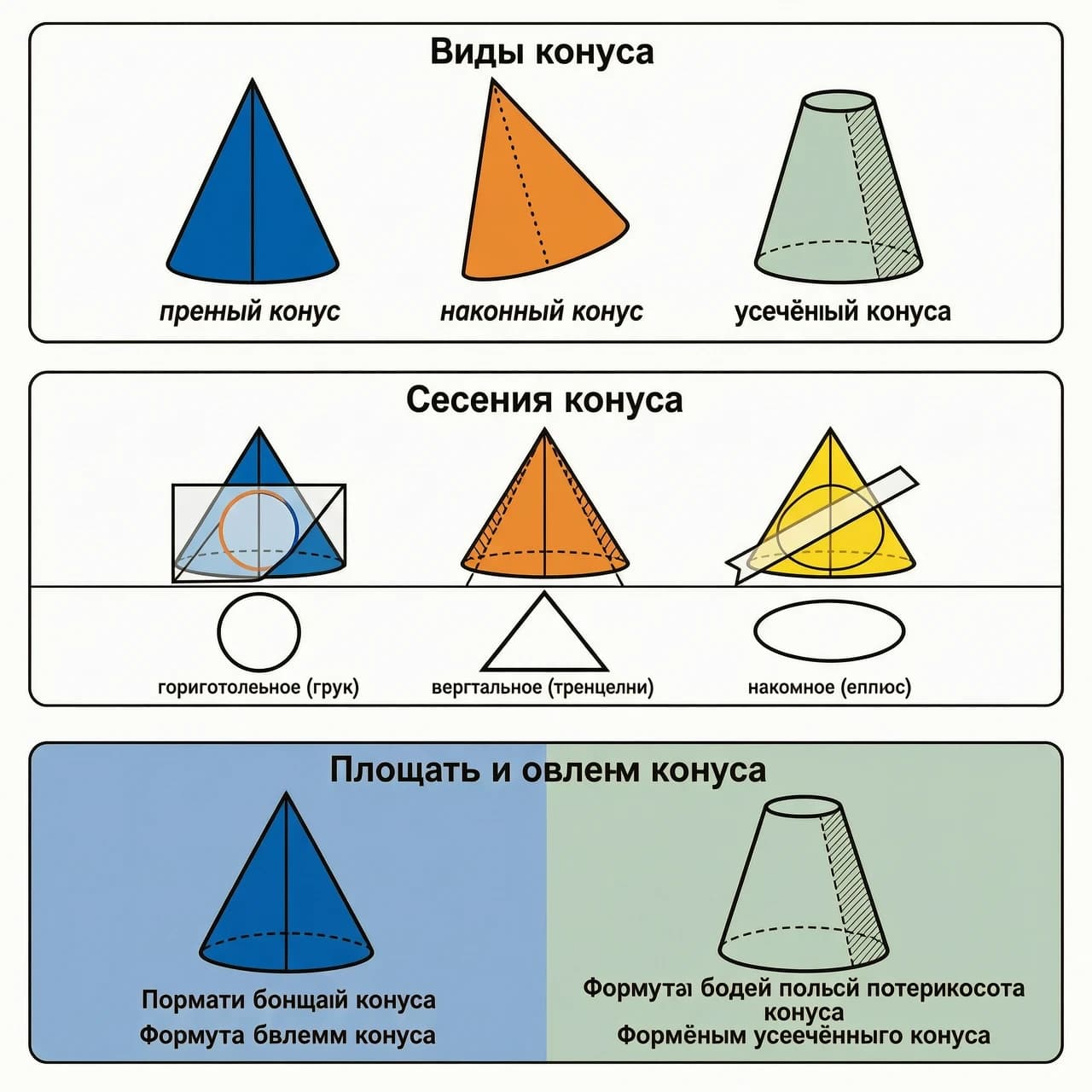 Create a series of 16:9 cards. White background. Use no more than two to three colors per card. Outline: Thin black line around the outer contour of the shapes. Alignment strictly on an invisible horizontal grid of three columns, so that objects on different cards stand directly below each other.

Card 1 - "Types of Cones"
Left object (blue silhouette): Tall, straight cone. Axis clearly perpendicular to the base. Italic caption below: "right cone".
Center object (orange silhouette): Slanted cone. Apex noticeably shifted to the right of the base's center. Axis drawn with a dashed line, showing the angle of inclination. Caption: "oblique cone".
Right object (mint silhouette): Truncated cone. Top radius about half the bottom radius. Side surface shown with light hatching, imitating a trapezoid. Caption: "truncated cone".

Card 2 - "Sections of a Cone"
Title: Large in the center at the top - "Sections of a Cone".
Top row (side view): Three small colored cones (blue, orange, yellow) in a line. A translucent white section plane passes through each.
Left: Plane is parallel to the ground. A thin colored circle contour is visible inside the cone.
Center: Plane goes vertically through the apex. A parabolic side face and base are visible, forming a triangle.
Right: Diagonal plane. An elongated ellipse is visible inside.
Bottom row (front view / cutaway): Directly below each cone is its enlarged cross-section (pure geometry):
Below the left - a perfect circle.
Below the center - an isosceles triangle.
Below the right - an ellipse.
Labels: Small print directly below the bottom row: "horizontal (circle)", "vertical (triangle)", "inclined (ellipse)". Section lines are indicated by thin hachure marks on the cone bodies.

Card 3 - "Area and Volume of a Cone"
Left - blue background block, right - mint.
Left part (Right Cone): Glossy blue cone slightly taller than it is wide. Below it, the formula for the cone's surface area and the formula for the cone's volume.
Right part (Truncated Cone): Mint truncated cone. Bottom radius R wider than top radius r, slant height l along the beveled edge. Below it, the formula for the total surface area of the cone, the formula for the volume of a truncated cone.