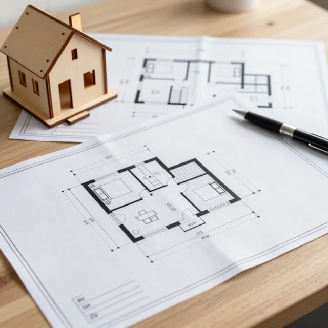 A high-angle close-up shot of architectural blueprints, technical drawings, and modern frame house floor plans spread out on a clean wooden desk. A small wooden model of a minimalist Scandinavian-style frame house and a stylish pen rest on the papers. No text on documents, clear empty lines for signatures. Soft natural side lighting, highly detailed, photorealistic, 8k.