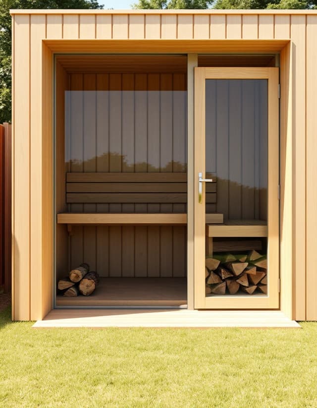Vertical close-up architectural shot of a small single-room timber sauna cabin in the backyard. Minimalist wooden structure, square shape, premium light cedar vertical planks. One large front glass window showing wooden benches inside, one glass door. Small firewood logs stacked neatly outside next to the entrance. Green grass, daylight, high detail, photorealistic.