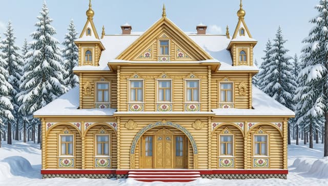 создай рисунок Терем, царская усадьба, 2 этажа, с башнями, кокошниками, аленькими цветочками и жар-птицами на фарфоровых изразцах, построенная в русском народном сказочном стиле из круглых бревен, с башенками, с широкими боковыми пристройками, и арками; цвета: много золотой росписи, белый, красный, с синими акцентами; сказочный стиль, яркие цвета, глянцевые золотые узоры, резные ставни с объемными узорами, много резьбы и узоров в народном русском стиле, на заднем плане — зимний сказочный лес со снежными сугробами; иллюстрация 3д, «Нарисуй дом строго в анфас, без поворотов, чтобы фасад был полностью виден, без бокового ракурса». «Сгенерируй изображение дома, повёрнутого прямо к камере, анфас. Не допускай наклона или скошенного вида». «Изобрази дом фронтально. Избегай ракурсов в три четверти или профиля — мне нужен именно анфас». «Сделай акцент на фасаде: дом целиком, без поворота. Подчеркни симметрию и фронтальную плоскость
