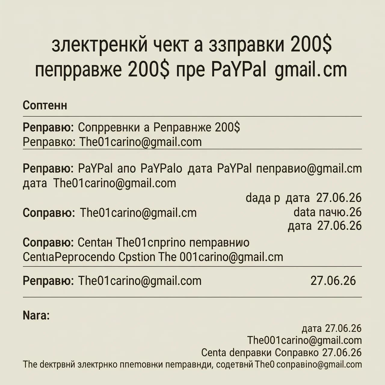 Сгенерируй электронный чек об отправке 200$ через PayPal по почте The01carino@gmail.com дата 27.06.26