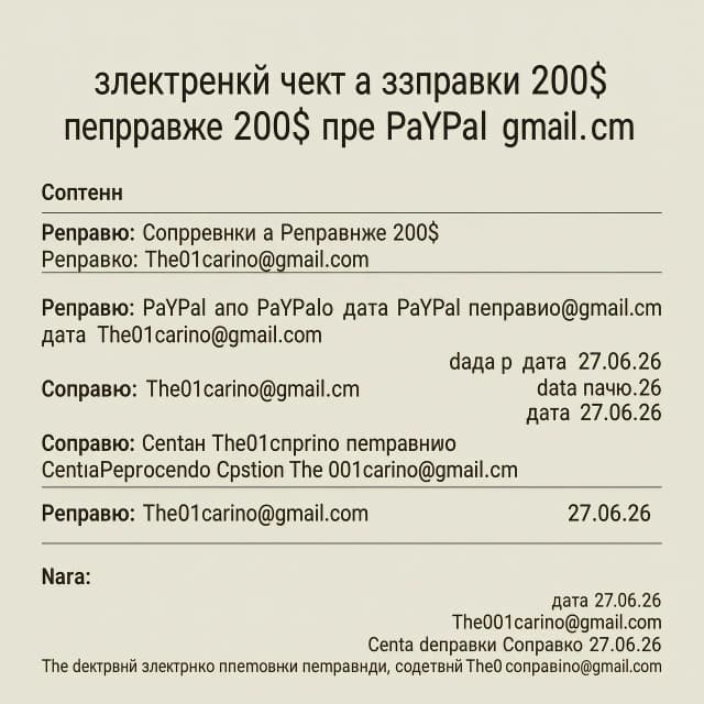 Сгенерируй электронный чек об отправке 200$ через PayPal по почте The01carino@gmail.com дата 27.06.26