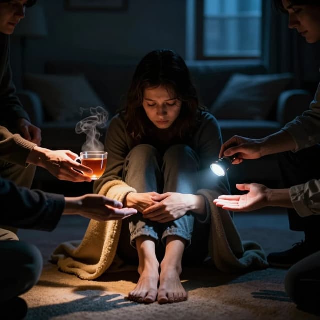 Cinematic photorealistic interior shot of a solitary person sitting on the floor in a dimly lit room, knees drawn up, head slightly bowed. The room is dark, but from the shadows around them, multiple hands are reaching out gently. One hand offers a steaming cup of tea, another holds a soft warm blanket, a third holds a small glowing flashlight, a fourth is simply open and waiting. The faces of the helpers are not visible — only their hands, symbolizing support from different people: family, friends, colleagues, strangers. The atmosphere is intimate, emotional, and hopeful.  Photorealistic, dramatic chiaroscuro, warm amber and deep blue tones, emotional, 8k, shallow depth of field, 4:5 aspect ratio.