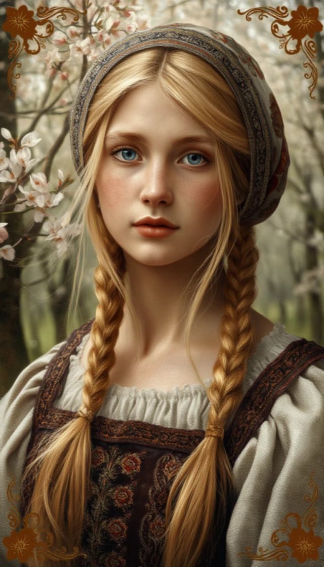 Russian Russians: A detailed portrait of a young woman of Slavic appearance from the 16th century in a traditional long Russian sundress and a traditional Russian cocoanut headdress, with blonde hair against the background of a spring blooming forest, in full growth. In the Glitter style: magical realism, natural symphony, shapes dissolve into color, lines flow like water, translucent layers with a watercolor texture, intricate ornaments at the corners of the composition.
High quality, 4k, octane, cinematic lighting, dramatic composition, eyes with increased detail, delicate skin texture, professional photography, depth of field, Leica camera, artstation trends, spectacular lighting, mystical atmosphere, detailed textures, volumetric lighting, works by Viktor Vasnetsov and Ivan Bilibin, gouache painting style, style Russian fairy tales, photorealism. An atmosphere of joy and serenity.