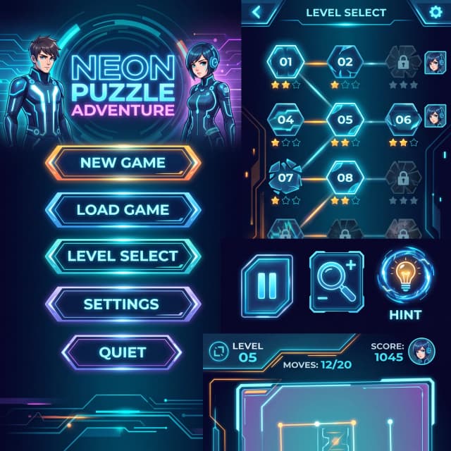 Нарисуй ui kit для мобильной игры головоломки пазл, в стилистике аниме трон отмеченном богом. Чтоб было главное меню, уровни, кнопки пауза увеличения подсказка.