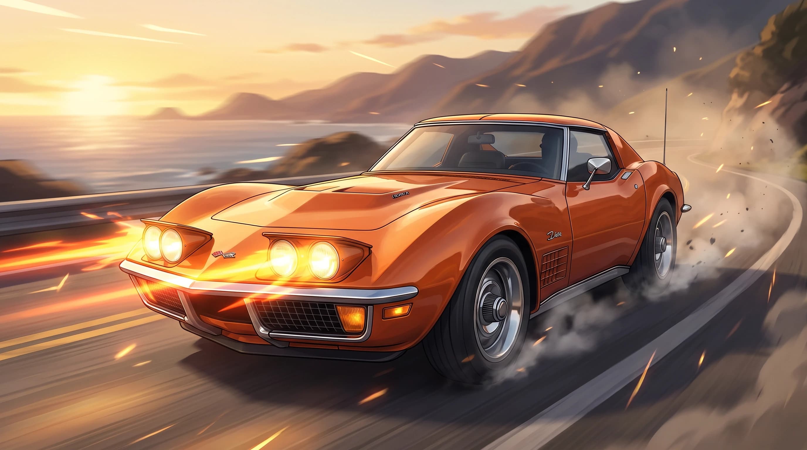 Chevrolet Corvette ZR-1 1970 года, едет по дороге, эпичный ракурс, горящие фары, шедевр, крупный план, стиль аниме с реалистичными деталями