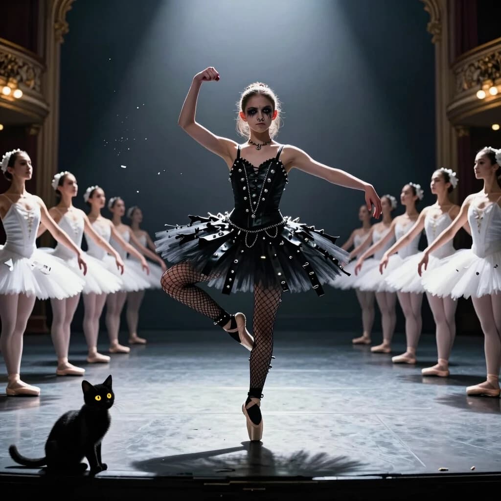 Photorealistic cinematic shot, 8K, octane render, dramatic studio lighting. Wide-angle lens (24mm) to capture the full scale of the ballet scene. In the center of a grand, opulent theater stage, a teenage rebel ballerina stands defiantly in a jet-black tutu with heavy silver studs, spikes, and chain details — a direct contrast to the sea of pristine white tutus surrounding her. Her outfit is a fusion of ballet and punk: the tutu’s tulle is shredded and layered with leather strips, and she wears black fishnet tights with safety pins as accessories. She has multiple piercings (nose, lip, helix) and dark, smudged eyeliner that looks like war paint. Her pose is aggressive yet balletic — one leg extended in a sharp arabesque, but her arms are not in graceful positions; instead, one hand is clenched into a fist, and the other is flung out in a rebellious gesture. Her expression is fierce and unapologetic: a slight sneer, eyes narrowed, head tilted defiantly.

The background is a synchronized mass of traditional ballerinas in perfect white tutus, all frozen in identical, graceful poses, creating a sea of uniformity that highlights her individuality. The lighting is theatrical: a harsh spotlight isolates her in a pool of bright, cool white light, while the rest of the stage is in moody, deep shadows. Rim light outlines her silhouette, emphasizing the texture of the leather and the sparkle of the metal studs. Floating dust motes and a few stray tulle fibers swirl in the air, caught in the spotlight beam. A tiny, fluffy black kitten with glowing yellow eyes is perched on the edge of the stage, watching the chaos with a mischievous expression, as if it’s her accomplice in the rebellion. Mood: defiance, contrast, high drama, artistic rebellion.