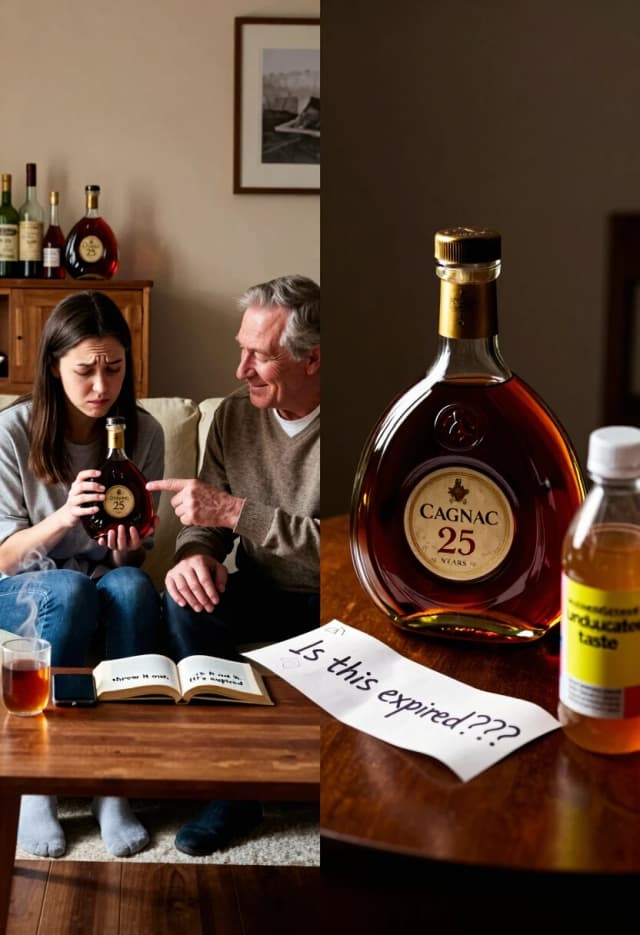 Photorealistic, 8K, cinematic hybrid of documentary and dramatic studio lighting.

The scene splits the frame into two contrasting halves that still feel part of one narrative.

Left side (documentary, warm, lived‑in): A cozy living room with a wooden sideboard. On the sideboard, a few bottles are displayed, including a prominent vintage cognac bottle (Cognac XO, 25 Years Old). In the foreground, a young woman in casual home clothes holds the bottle, squinting at the label with confusion. Next to her, an older man (perhaps her father or uncle) in a sweater smiles gently, pointing at the age statement on the label. The woman’s phone rests on the table, open to a meme or a chat where someone wrote “выкинь, оно просрочено”. The room is warm and lived‑in: a book lies open on the armchair, a mug of tea steams on the coffee table. The lighting here is natural daylight, soft and diffused, with a documentary feel.

Right side (studio, dramatic, high contrast): A macro shot that feels like a spotlighted exhibit. A close‑up of the same vintage cognac bottle (Cognac XO, 25 Years Old) sits on a dark wooden table. The glass is crystal clear, the liquid inside is deep amber with rich golden reflections. The label is aged but elegant, with gold foil accents. In the foreground, slightly out of focus, a crumpled fast‑food receipt and a cheap plastic bottle with a bright label sit as a visual metaphor for “uneducated taste”. A handwritten note in messy handwriting lies next to the bottle: “Это просрочено???”. The lighting is dramatic: a single warm beam highlights the cognac bottle, while the rest of this half of the frame is in soft shadow.

The two halves are separated by a subtle, organic edge—perhaps the corner of the table or a soft shift in depth of field—so the transition feels natural, not like a hard cut. The focus remains on the interaction and the bottle: the left tells the human story, the right tells the symbolic one.

Background on the left is softly detailed but not distracting; on the right, the background is deep, moody shadow. Color palette: warm beige and cream tones on the left, deep browns and rich amber on the right, with the bright, cheap colors of the plastic bottle and receipt as a jarring contrast.

Mood: warm, familial, gently humorous on the left; dramatic irony and high contrast on the right. Together, they create a story about misconceptions, tradition, and the value of knowledge. No text overlays except what’s naturally on the bottle, the phone screen, and the handwritten note.