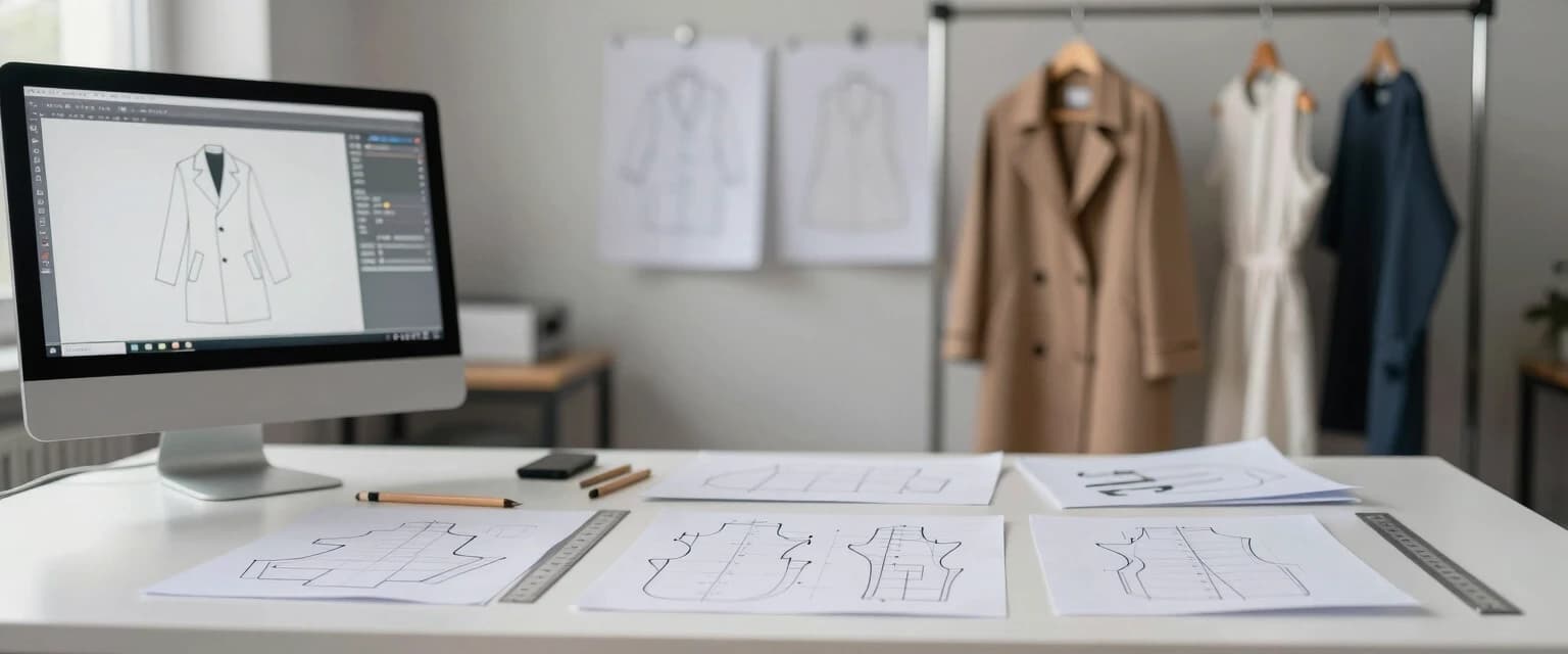 Photorealistic, frontal view of a clothing pattern design bureau. Foreground: a matte white desk with neatly arranged paper sewing patterns, transparent plastic drafting rulers (lecalas), technical flat sketches, graphite pencils, and a metal ruler. In the left corner of the desk, a modern COMPUTER with a large monitor showing CAD software displaying a 3D flattened pattern piece for a coat. Background (heavily blurred with bokeh): a metal clothing rack holding finished garment samples (a classic coat and two dresses), as well as finished paper patterns hanging on hangers. Lighting: soft directional light from the top-left (daylight, 5000K) highlighting the texture of the paper and plastic, with no glare on the monitor screen. Shallow depth of field, focus on the table with patterns and the COMPUTER.