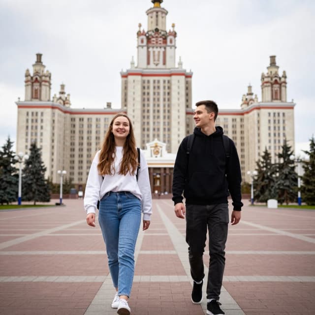 уверенные , бодрые  девушка и парень  идут к горизонту  где видно здание  ульяновского госуниверситета