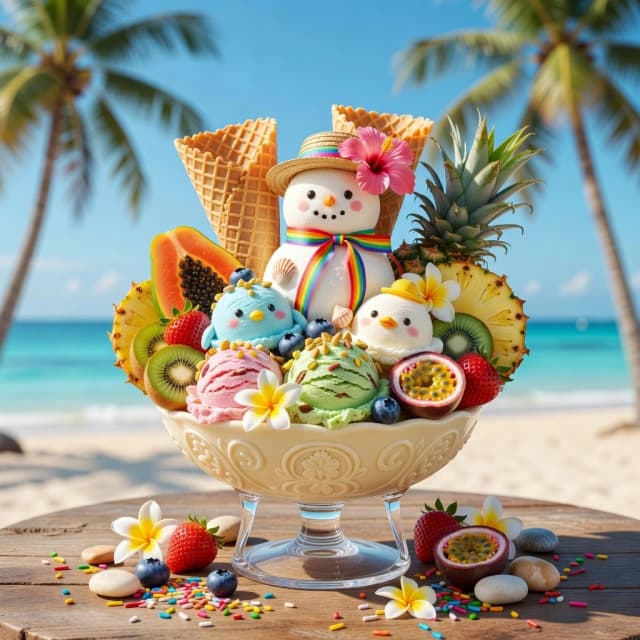 A bright, photorealistic 3D rendering of a tropical dessert in a transparent crystal bowl on a high leg, a carved cream bowl on a wooden table against the background of the beach. In the center stands a cute round snowman in a straw hat decorated with a pink hibiscus flower, a rainbow ribbon and a seashell. There are two large waffle cones behind the snowman. There are ice cream balls in the bowl: blue in the shape of a cute little penguin, white with a duck beak and a tiny yellow hat, pink and green with pistachios, sprinkled with nuts and blueberries. The ice cream is decorated with fresh tropical fruits: papaya, pineapple slices, kiwi, strawberries, passion fruit and plumeria flowers. Colorful sprinkles and smooth beach pebbles are scattered on the wooden surface. The background shows a blurred tropical beach with palm trees, bright blue sky and ocean. Style: whimsical, in the spirit of summer, over-detailed, bright sunlight, tropical paradise, 8k resolution, cinematic composition.