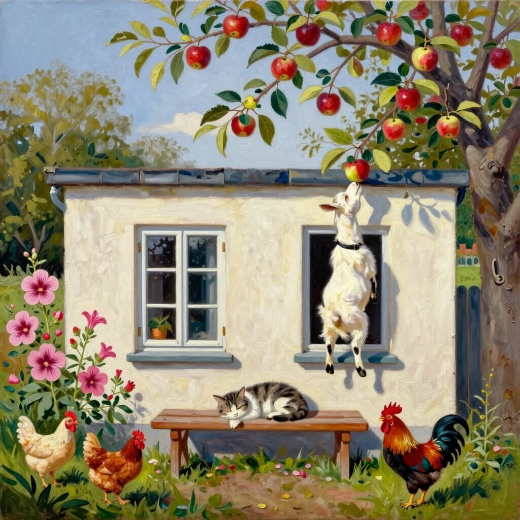 Рисунок маслом. Дом с двумя окнами. На заднем плане яблоня, коза стоит на задних лапах пытается достать верхнее яблоко. Перед окнами скамья, на ней спит кот. На углу дома цветет мальва. Гуляют куры, петух