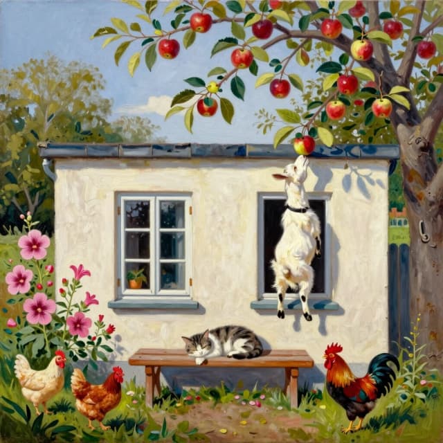 Рисунок маслом. Дом с двумя окнами. На заднем плане яблоня, коза стоит на задних лапах пытается достать верхнее яблоко. Перед окнами скамья, на ней спит кот. На углу дома цветет мальва. Гуляют куры, петух