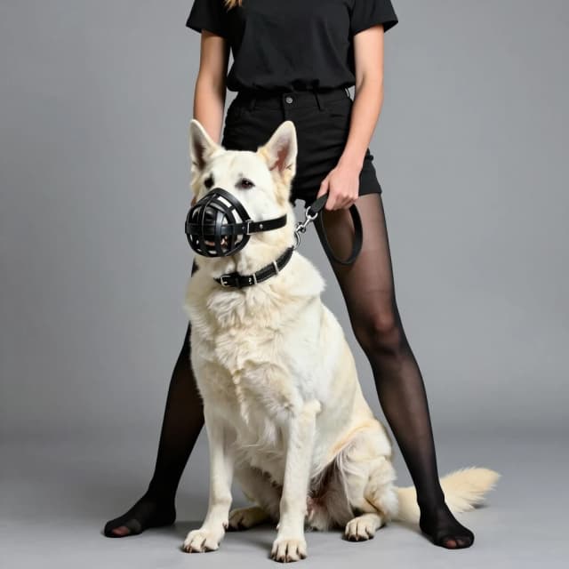 A strict girl in a black T‑shirt, black shorts, and black nylon tights, without shoes, is strictly controlling a large Caucasian Shepherd dog in a leather collar and a thick leather muzzle. The strict girl is standing behind the large dog. The large Caucasian Shepherd dog is sitting on the floor between the legs of the strict girl. The girl is tightly gripping the sides of the large dog with her legs. With one hand, the girl holds the nylon training leash with a sliding loop around the dog’s neck; with the other hand, she pulls the free end of the training leash and tightens the sliding loop of the training leash.