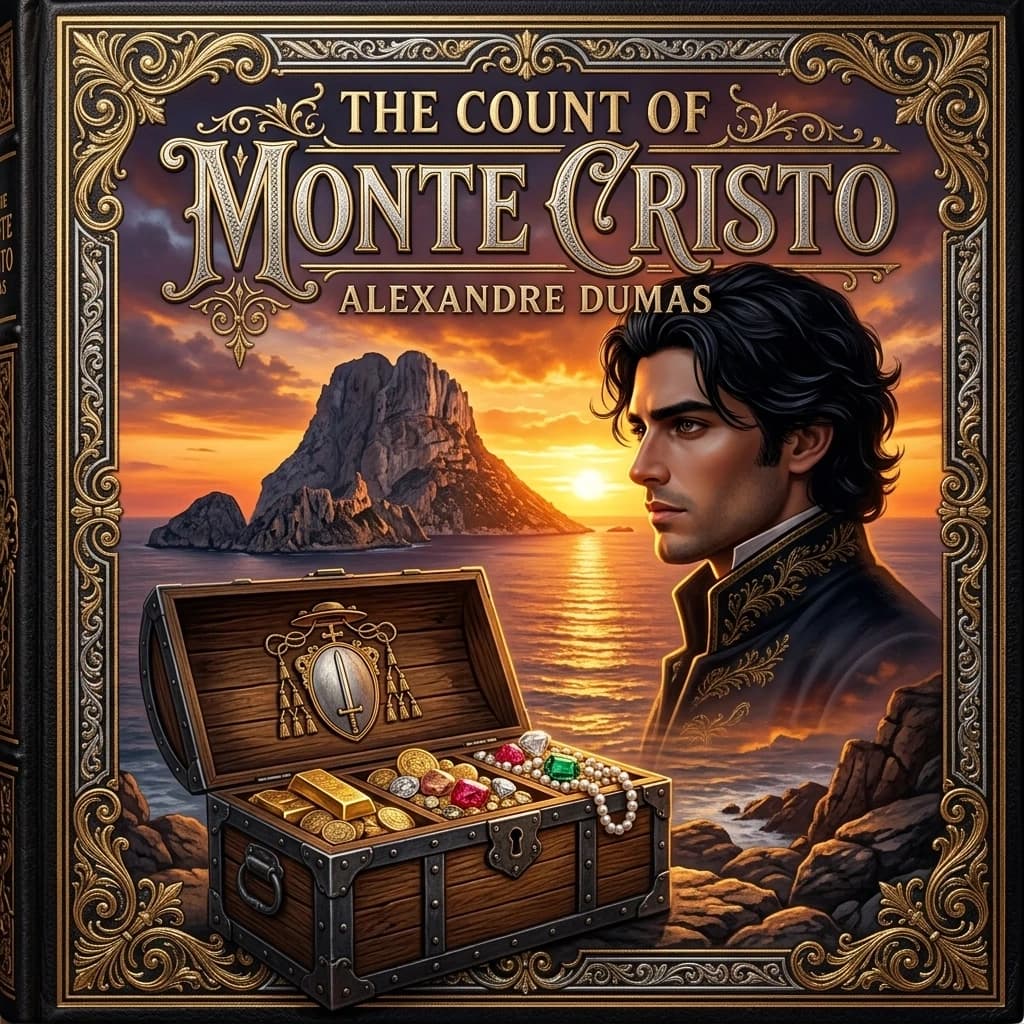 (Book cover). Decoration: gold and silver embossing and foiling. In the background: the mysterious island of Monte Cristo with its rocky coast in the rays of the setting sun. Against the background of the setting sun, a handsome profile of a man with beautiful black eyes and jet-black hair is visible across the landscape.  His gaze is fixed on the island. In the foreground: an open oak chest, bound with wrought iron. The coat of arms of the Spada family is depicted on the lid: a vertically positioned sword on an oval Italian shield topped with a cardinal's cap. Its three compartments contained gold bars and coins, rubies, diamonds, emeralds and large pearls. (Style): Artistic fantasy. The inner light. High quality, 4k, intricate details, double exposure, beautiful decorative font in the style of the 18th century, close-up. adventure, romance, history.
