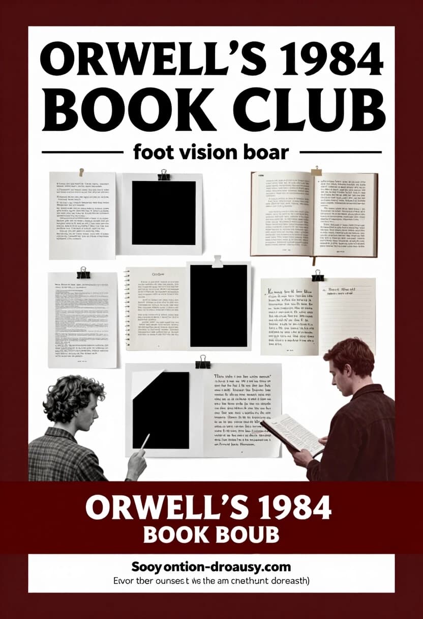 Сделай афишу книжного клуба по Оруэллу 1984 где люди создают карту желаний