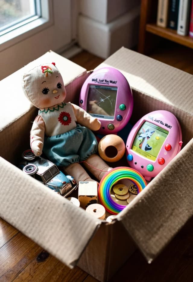 Realistic photograph, 85mm lens, f/2.0, soft natural light from a window. An open cardboard box sits on a wooden floor, half-filled with old toys: a faded cloth doll with worn embroidery, a tin wind-up car with chipped paint, a few wooden blocks with chipped corners, and a small pile of collectible фишки. Resting on top are a classic Tamagotchi with a scratched screen, a handheld “Ну, погоди!” (Wolf catching eggs) game with faded buttons, a simple yo‑yo with frayed string, a small metal fidget spinner with visible wear, and a rainbow Slinky that’s slightly stretched and dusty. Sunlight streams in, highlighting dust motes and the textures of fabric, metal, plastic, and wood. The focus is on the box’s contents; the background is softly blurred, showing a corner of a room with a bookshelf and a window. Mood: quiet, intimate nostalgia. High detail, realistic colors, no stylization, skin/fabric/metal textures rendered with precision.
Keywords: vintage toys collection, tactile textures, dust motes, nostalgic atmosphere, realistic lighting, mixed materials, childhood memories.