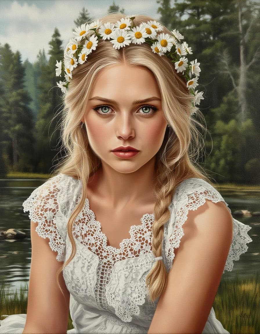 A masterpiece. Style: oil painting. (Image. How does artificial intelligence imagine: A beautiful Slavic girl, blonde with a wreath of field daisies, in a white lace dress sits on the riverbank against the background of the forest. Expressive gray-green eyes, clear facial features):1.8. Intense close-up.  High quality. High resolution. Increased attention to fine details and texture. The artist is Russ Mills.