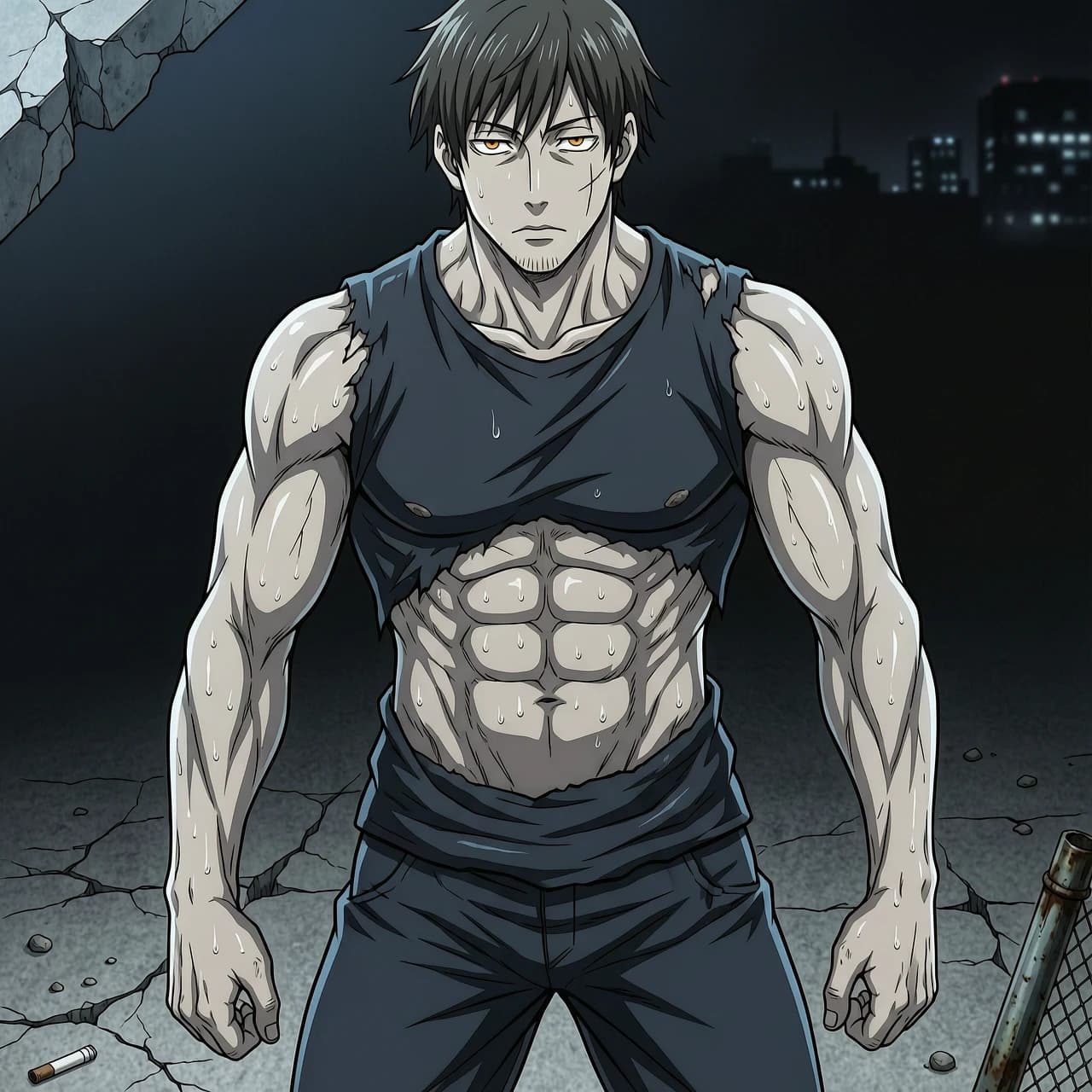 anime jujutsu kaisen 2018 from mappa muscle very massive mesomorph toji fushiguro huge soft pecs like woman’s