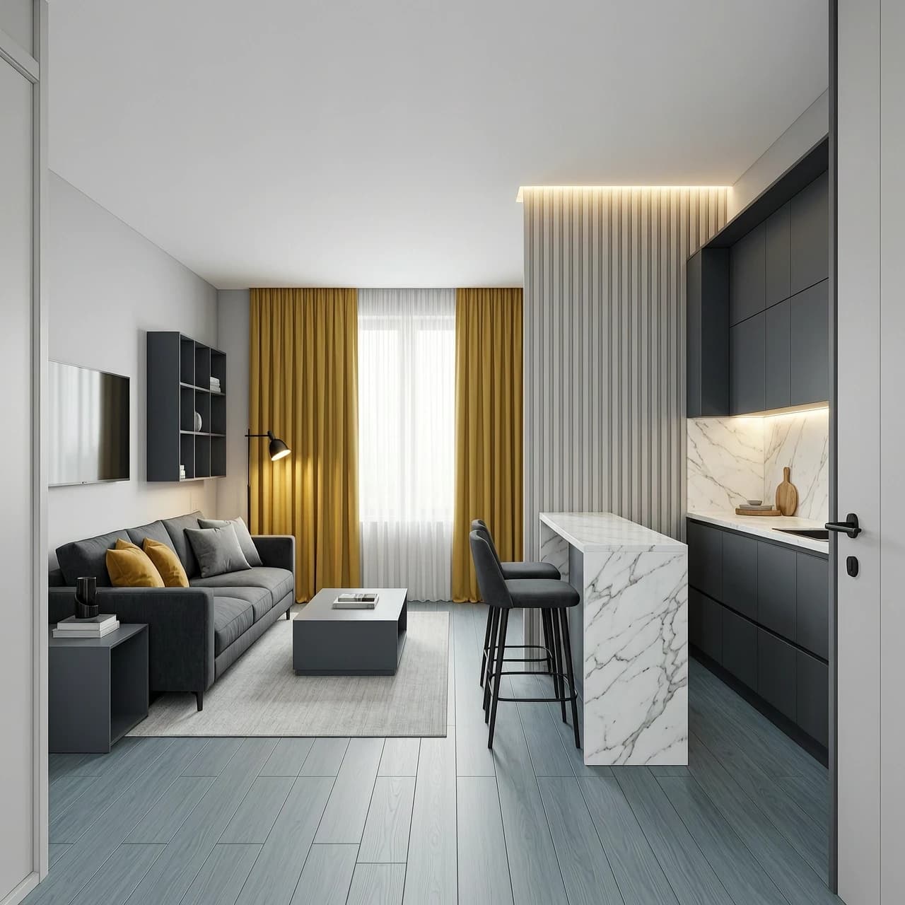 Interior design of a rectangular 18 sqm kitchen-living room, view from the entrance door. Room size 4.5m width x 4.0m depth, ceiling height 2.7m. Upon entering, on the left is a graphite #474A52 fabric sofa against the wall, with a light grey rug, a graphite #474A52 coffee table, and a graphite #474A52 side table. On the far wall is a large window with mustard yellow linen curtains and sheer white curtains filling the space with soft daylight. To the right of the entrance is a compact linear kitchen with matte graphite #474A52 cabinet fronts along the right wall, white marble countertop and backsplash. Between the kitchen and living area stands a white marble bar counter with two graphite #474A52 upholstered bar stools. Vertical decorative slats panels in #B5B8B7 medium light grey on the border between kitchen and living area, with LED strip lighting behind. On the wall opposite the sofa is a graphite #474A52 TV unit and open shelves. Walls #D0D0D0 light silver-grey, floor #9DA1AA medium cold grey oak wood texture, cool grey, matte, minimal grain, white ceiling. Two mustard cushions and two grey cushions on the graphite sofa. Black matte hardware, brass floor lamp, warm 3000K lighting. Photorealistic, architectural visualization, soft daylight, clean minimal styling, no clutter, 8k, ultra detailed --ar 16:9 --style raw