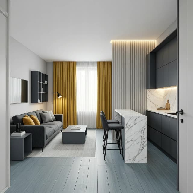 Interior design of a rectangular 18 sqm kitchen-living room, view from the entrance door. Room size 4.5m width x 4.0m depth, ceiling height 2.7m. Upon entering, on the left is a graphite #474A52 fabric sofa against the wall, with a light grey rug, a graphite #474A52 coffee table, and a graphite #474A52 side table. On the far wall is a large window with mustard yellow linen curtains and sheer white curtains filling the space with soft daylight. To the right of the entrance is a compact linear kitchen with matte graphite #474A52 cabinet fronts along the right wall, white marble countertop and backsplash. Between the kitchen and living area stands a white marble bar counter with two graphite #474A52 upholstered bar stools. Vertical decorative slats panels in #B5B8B7 medium light grey on the border between kitchen and living area, with LED strip lighting behind. On the wall opposite the sofa is a graphite #474A52 TV unit and open shelves. Walls #D0D0D0 light silver-grey, floor #9DA1AA medium cold grey oak wood texture, cool grey, matte, minimal grain, white ceiling. Two mustard cushions and two grey cushions on the graphite sofa. Black matte hardware, brass floor lamp, warm 3000K lighting. Photorealistic, architectural visualization, soft daylight, clean minimal styling, no clutter, 8k, ultra detailed --ar 16:9 --style raw
