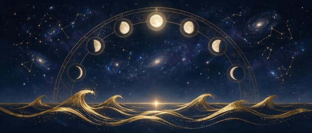 Абстрактное изображение лунного цикла. Огромная луна проходит все свои фазы: от тонкого серпа до полного диска и обратно. Внизу, на уровне горизонта, ритмично поднимается и опускается золотая волна — метафора приливов и отливов. В центре, неподвижно, стоит светящаяся точка — символ наблюдателя, который смотрит на это и остаётся спокойным. Стиль: минималистичный, сакральная геометрия, космические тона, цикличность, вечный ритм.