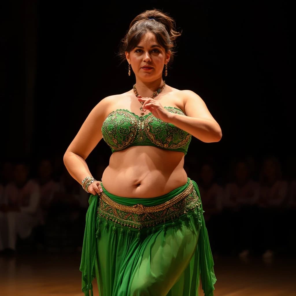 front view chubby belly dancer fifty years woman in green costume brown short ponytail hair stand in hall