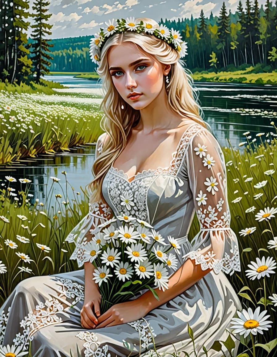 A masterpiece. Style: oil painting. (Image. How does artificial intelligence imagine: A beautiful Slavic girl, blonde with a wreath of field daisies, in a white lace dress sits on the riverbank with a bouquet of field daisies against the background of the forest. Expressive gray-green eyes, clear facial features, clear fair skin, head turn 3:4):1.8. Intense close-up.  High quality. High resolution. Increased attention to fine details and texture. The artist is Russ Mills.