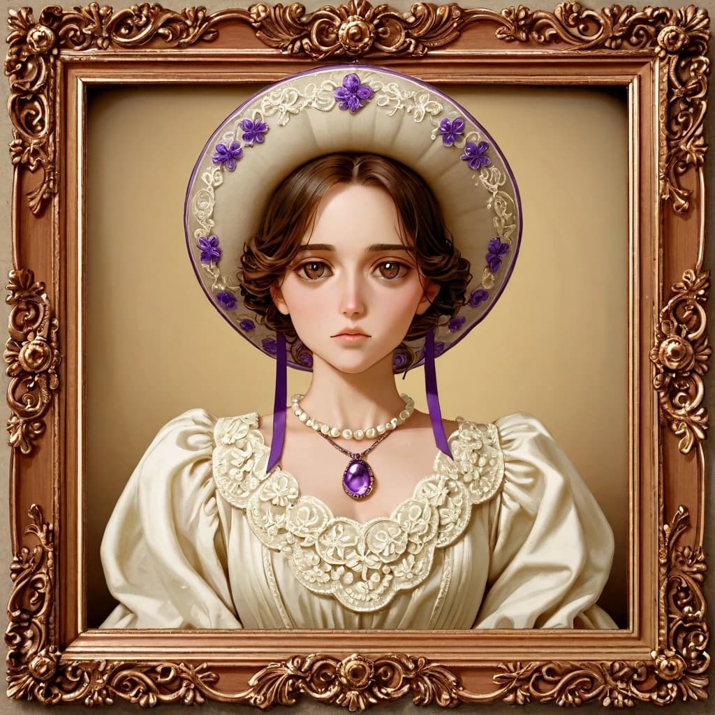 A refined young woman in a vintage Victorian/Edwardian gown, waist-up three-quarter portrait, centered composition, wearing a wide-brimmed lavender hat decorated with purple ribbon and flowers, short dark brown finger-wave curls framing a porcelain face, large soft brown eyes, slight rosy lips, serene and elegant expression; ornate multilayered pearl necklaces and amethyst pendants in filigree gold settings, matching amethyst drop earrings; corseted purple satin dress with puffed sleeves, delicate white lace trim and embroidered details; soft watercolor and gouache inspired digital illustration with fine linework and painterly shading, pastel floral background with roses and peonies, high-key diffused lighting, shallow depth of field, subtle rim light, ultra-detailed textures on fabric, lace and gemstones, harmonious lavender and cream color palette, romantic, dreamy, refined atmosphere, high resolution, cinematic portrait quality.