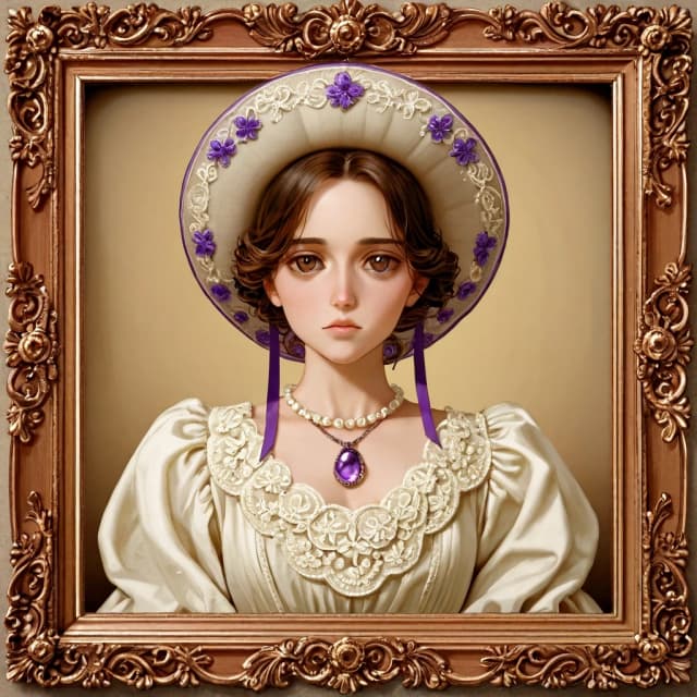 A refined young woman in a vintage Victorian/Edwardian gown, waist-up three-quarter portrait, centered composition, wearing a wide-brimmed lavender hat decorated with purple ribbon and flowers, short dark brown finger-wave curls framing a porcelain face, large soft brown eyes, slight rosy lips, serene and elegant expression; ornate multilayered pearl necklaces and amethyst pendants in filigree gold settings, matching amethyst drop earrings; corseted purple satin dress with puffed sleeves, delicate white lace trim and embroidered details; soft watercolor and gouache inspired digital illustration with fine linework and painterly shading, pastel floral background with roses and peonies, high-key diffused lighting, shallow depth of field, subtle rim light, ultra-detailed textures on fabric, lace and gemstones, harmonious lavender and cream color palette, romantic, dreamy, refined atmosphere, high resolution, cinematic portrait quality.
