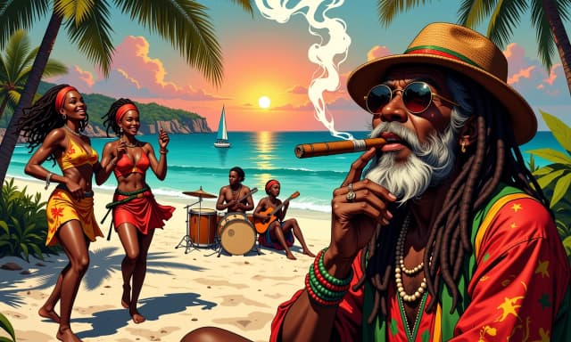 A masterpiece,  in the style of the 1980s, with bold lines, dynamic strokes and rich textures, on background with a touch of nostalgia, perhaps with subtle drawings inspired by cellulose and vintage, worn textures similar to paper, oil painting, Ultra-detailed vibrant Caribbean beach festival scene at golden hour, wide cinematic composition, deep depth of field, warm saturated colors and dramatic rim lighting. Foreground right: older Rastafarian man with long dreadlocks, colorful knit Rasta hat, round sunglasses, beaded bracelets, smoking a large hand-rolled cigar — wisps of smoke curling into the sky. Midground left: two joyful Afro-Caribbean women dancing in colorful red, green, yellow patterned crop tops and skirts, layered bead necklaces and hoop earrings, hair wrapped in matching headscarves, dynamic motion, expressive smiles. Center: small band of musicians seated on drums and acoustic guitar, playing on sand, loose tropical clothing, relaxed communal vibe. Background: turquoise ocean with gentle waves, sailboat on horizon, lush green palm trees and cliffs, glowing orange and pink sunset sky.  Rich texture, painterly yet photorealistic detail, high-resolution, filmic contrast, lively cultural atmosphere, poster-quality composition. celshading, simple background