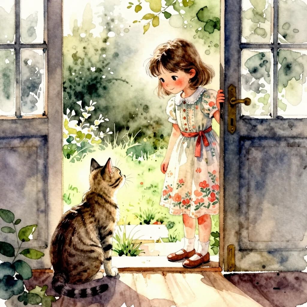 Draw in watercolor technique with light glazes: a young girl in a vintage dress with a floral pattern is standing by the slightly open door leading to the garden. She is frozen on the threshold, slightly tilting her head, and is looking at a large striped cat that is sitting on the step and watching her intently. The girl has a warm, slightly shy smile on her face, and her eyes are full of anticipation and tenderness. Her pose is relaxed: one hand is resting on the doorframe, the other is slightly raised, as if she is about to beckon the cat. Around — blurred watercolor patches of greenery; on the veranda floor — sunlit squares from the window. A light haze creates the feeling of an early morning. Details: delicate brushstrokes on the fabric of the dress, soft color transitions on the cat’s fur, barely noticeable shadows from the foliage on the floor. The composition is focused on the dialogue between the girl’s and the cat’s gazes; the door divides the frame into two parts: a cozy house and a lively garden.