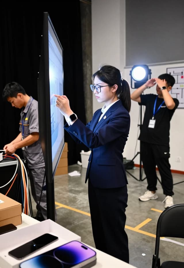 Draw a realistic scene behind the scenes before a product presentation: in the dimly lit backstage area, employees are bustling about. In the center — a pretty young assistant girl in a strict dark‑blue suit and glasses; she is checking the fastenings of a large demonstration screen, frowning slightly in concentration — she has a smartwatch with a timer on her wrist, and her face shows focus. To the left, a worker in a gray uniform is carefully laying cables in a cable channel; to the right, another employee is testing a spotlight, shielding his eyes from the bright light with his hand. In the foreground — a table with boxes, and the edge of a product (a stylized smart gadget with a matte casing) is peeking out from one of them. On the floor — markings made of adhesive tape; on the wall — a floor plan with marker markings. The lighting is mixed: cold light from the work lamps and warm light from the spotlight; the shadows are clear, the textures are well‑defined — the grain of the concrete, the weave of the cable, the fabric of the suit. The composition is a medium shot, with the focus on the girl and her actions; the background is slightly blurred to convey the hustle and bustle without overloading it with details.