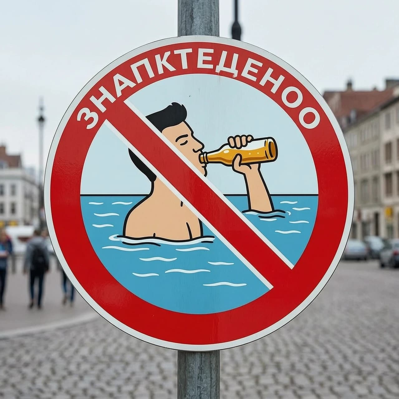 знак "запрещено" внутри которого плавает человек пьющий пиво из бутылки
