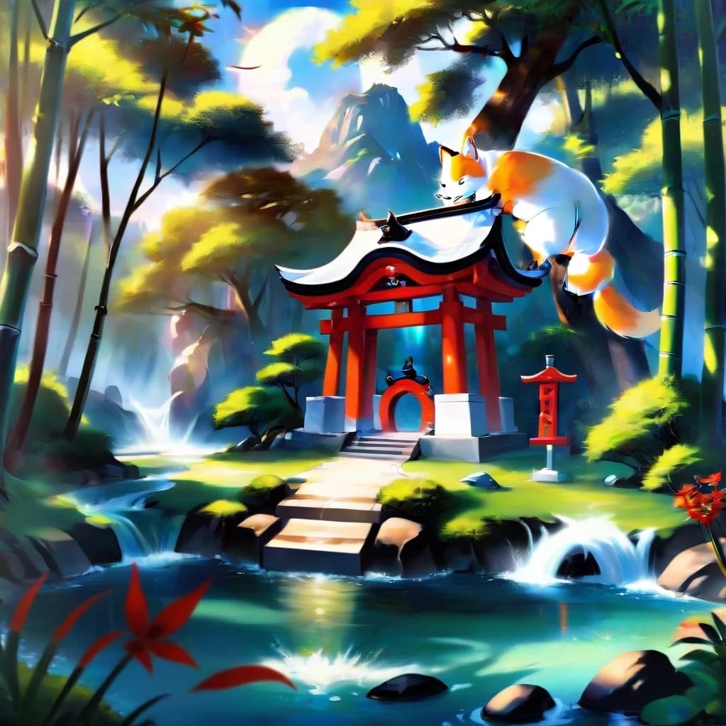 a Japanese shrine dedicated to kitsune, bamboo groves and small lakes along the sides, sunny weather.