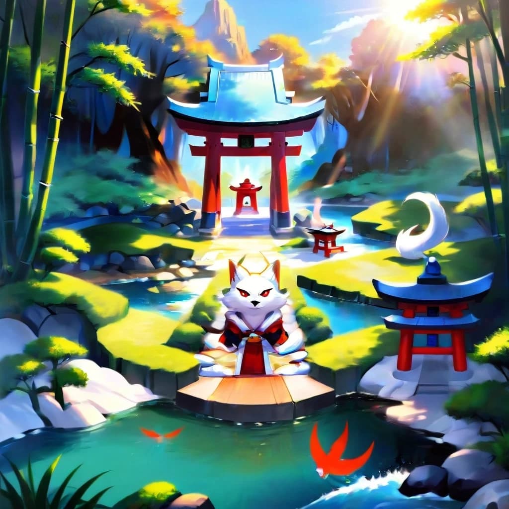 a Japanese shrine dedicated to kitsune, bamboo groves and small lakes along the sides, sunny weather.