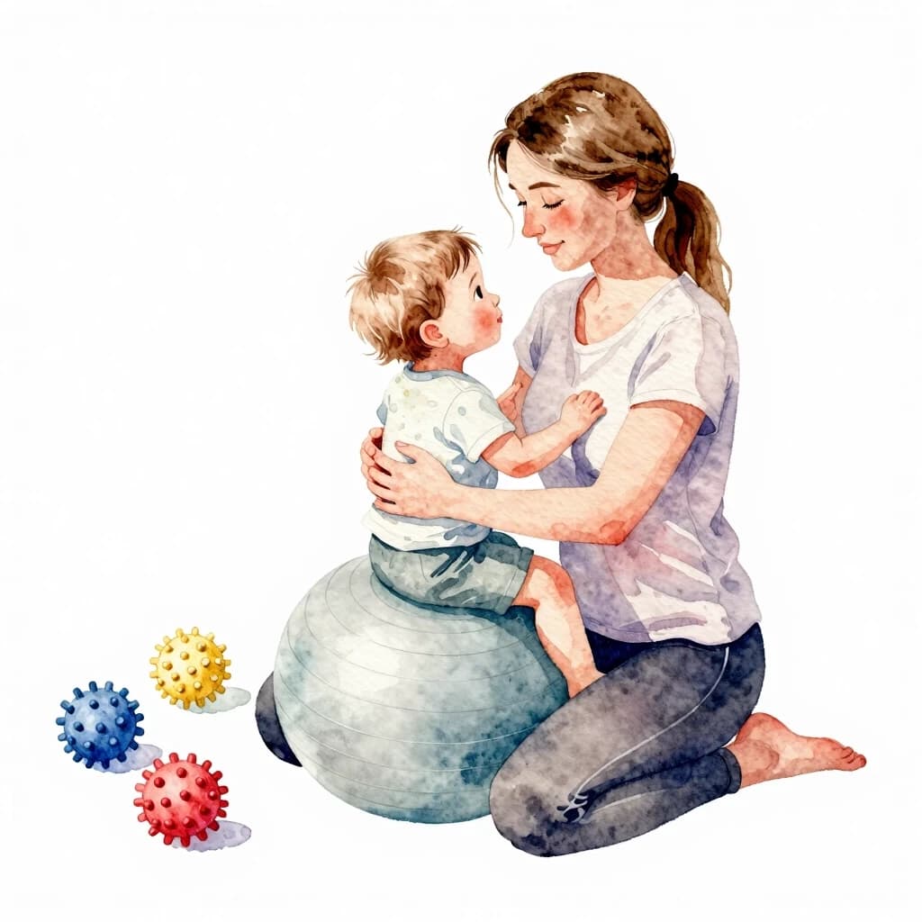 Watercolor painting: a Caucasian mom with light brown hair and a fair-haired toddler sitting on a fitball, hugging and bouncing together. Nearby are scattered colorful massage balls. Soft pastel tones, gentle lines, a feeling of coziness and safety.