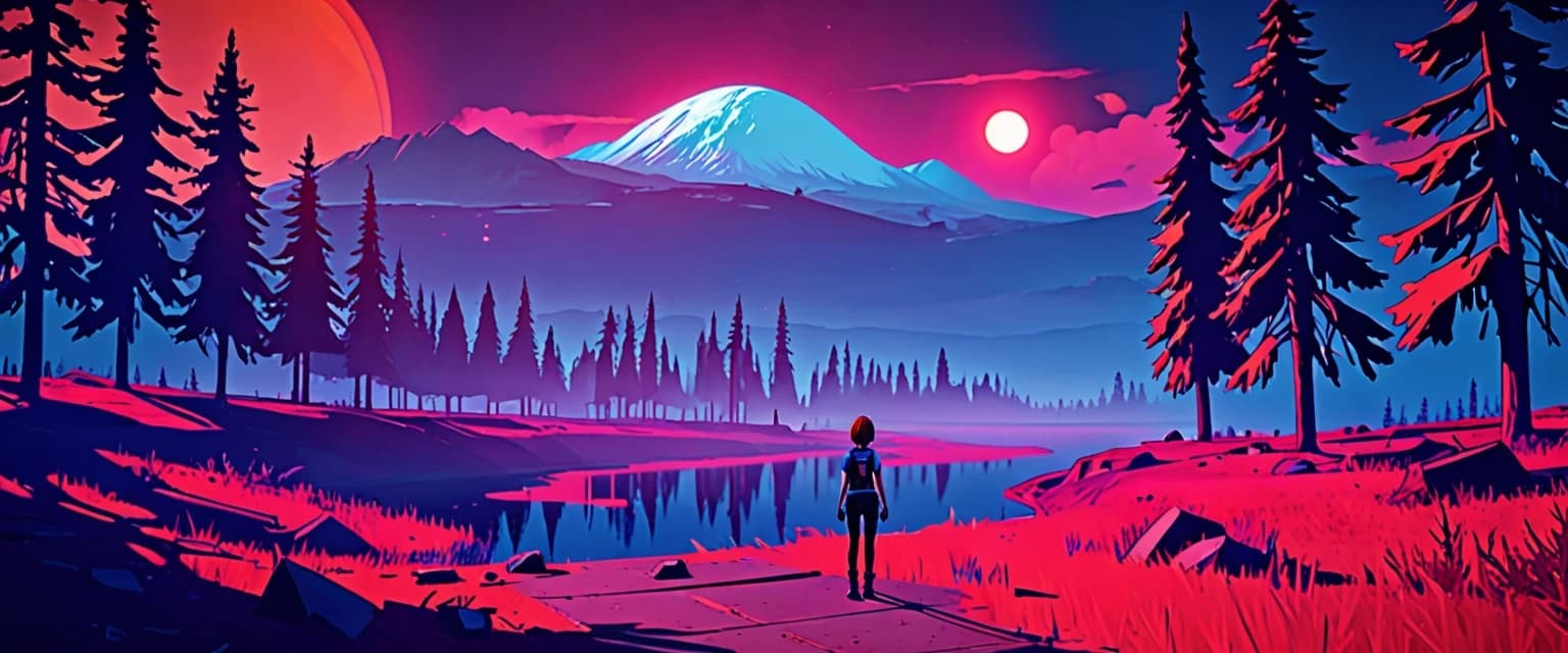 A natural landscape, art from *Life Is Strange*, Chloe Price, retro rave style, neon color, indigo, chrome, blood‑moon colors Nuclear flame of amber color A mercury‑colored wind of ultramarine hue.