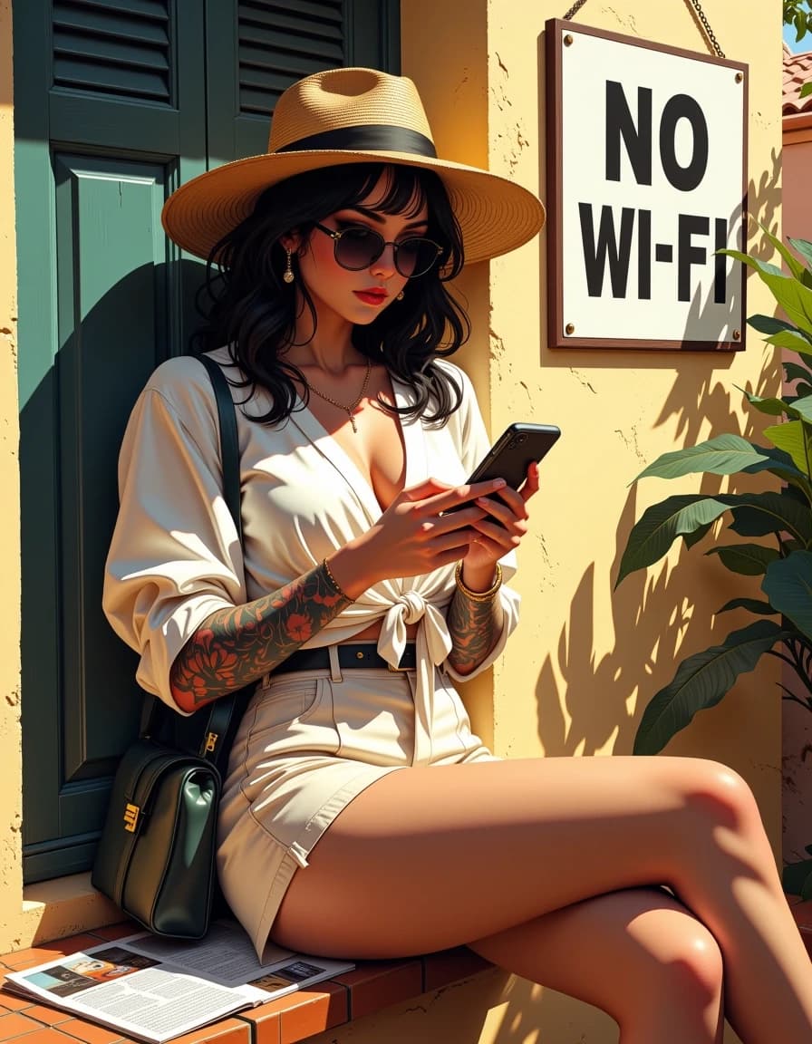 A masterpiece,  in the style of the 1980s, with bold lines, dynamic strokes and rich textures, on background with a touch of nostalgia, perhaps with subtle drawings inspired by cellulose and vintage, worn textures similar to paper, oil painting, Ultra-detailed photorealistic airbrush scene: a stylish woman on a sunlit Mediterranean terrace, on the background of a sign with bold "NO WI-FI"!!! She wide-brim hat, tied white blouse and beige shorts, elegant jewelry, visible floral tattoos on arms and thigh, holding a smartphone and sunglasses, He looks at his smartphone, relaxed confident pose; magazines, handbag and small table accessories nearby; a clear, legible wall sign reading "NO WI - FI" — the sign must be sharp and easy to read; cinematic natural sunlight with warm key highlights, cool soft fill and subtle rim light; hyperreal airbrush textures: smooth skin tones, individual hair strands,  fabric weave, reflective phone screen and glossy surfaces, fine grain detail on tiles; three-quarter composition, slight high/eye-level angle, shallow depth of field, 85mm equivalent, f/1.8, razor-sharp focus on her face and the sign, soft background bokeh; warm desaturated editorial color grading, photorealistic airbrush finish, ultra-high detail, 8K — photorealistic airbrush, editorial.