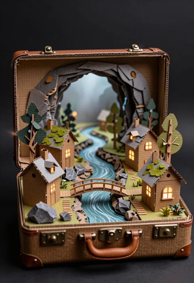 Photorealistic cinematic still, 8K resolution, hyper-realistic style with a tactile, handmade aesthetic: the entire miniature world inside the suitcase is crafted from cardboard, with visible corrugated texture, cut edges, overlaps, and subtle glue seams—every element (houses, bridge, rocks, trees) is a meticulously assembled cardboard diorama, painted and weathered to look like a fully realized fantasy set.

Composition: open vintage brown suitcase centered in the frame against a deep matte black background. Inside, a layered cardboard diorama forms a magical landscape: a winding river flows through the center, flanked by rocky banks and wooden-style bridges; quaint houses with mossy roofs and glowing windows sit on both sides; a large cave archway frames the distant horizon, leading to a misty, ethereal light.

Cardboard construction details: houses feature layered cardboard walls, textured roofs mimicking shingles, tiny cardboard chimneys, and cut-out windows with warm LED-style illumination from within. The bridge is a delicate arch of folded and glued cardboard strips, reinforced with subtle wooden-looking dowels. Rocks are sculpted from crumpled and shaped cardboard, painted with muted grays and greens. Trees are built from twisted cardboard strips and fine paper fibers for foliage, with hand-painted bark texture.

Lighting: soft, directional studio lighting from the upper left, casting gentle shadows and highlighting the cardboard’s ridges and layers. Warm amber light glows from the houses’ windows, contrasting with the cool bluish light coming from the cave’s distant opening. Subtle lens flare and a shallow depth of field keep the suitcase’s metal clasps and leather handle in sharp focus while softly blurring the far end of the diorama.

Atmosphere: whimsical, nostalgic, and enchanting—a sense of a hidden world lovingly crafted by hand.

Focus: sharp on the suitcase’s handle, clasps, and the nearest diorama elements; gradual soft blur toward the cave’s backlight. Textures: corrugated cardboard grain, matte paint, tiny hand-applied details, weathered edges, and delicate paper foliage.

Camera settings: 50mm equivalent lens, f/2.8, ISO 800, minimal motion blur, high micro-contrast to emphasize material detail.

Style: photorealism with a tactile, artisanal feel—the magic comes from the craftsmanship, not digital surrealism; every object is clearly made of cardboard yet fully believable as a tiny world.